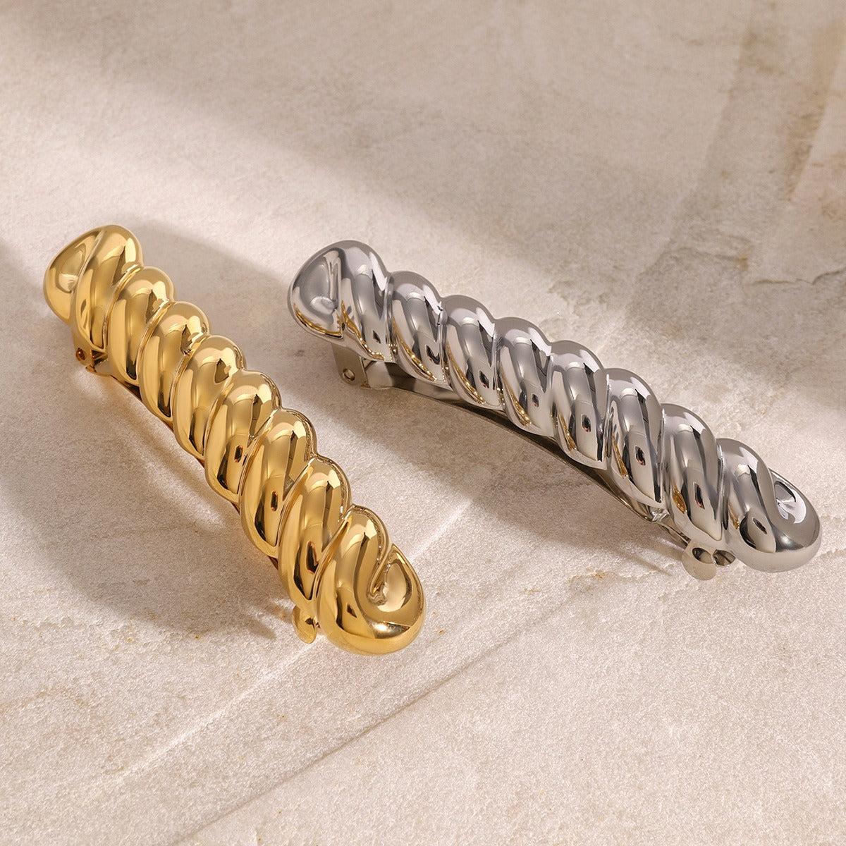 Gold: 18K gold rope-pattern long strip hair clip – Silver and Gold finish, titanium steel with PVD gold plating, MINIMAL