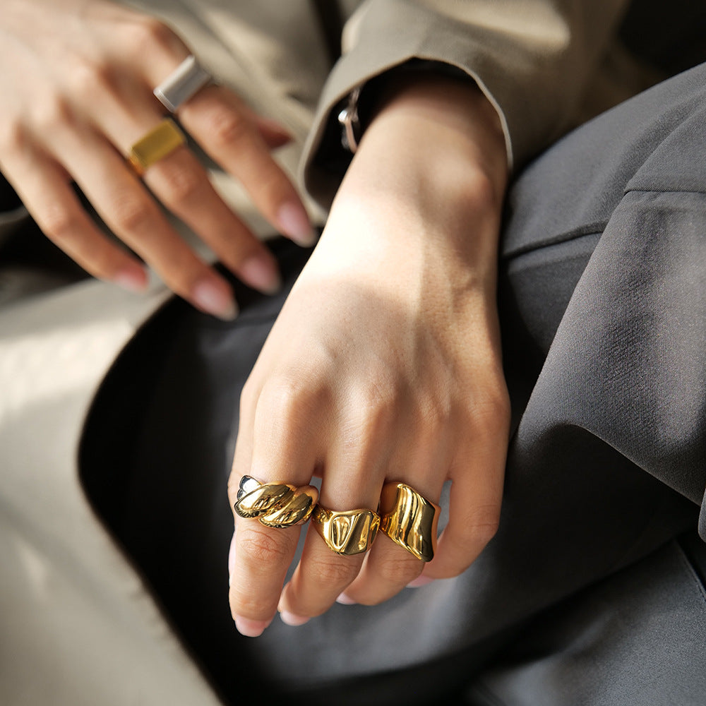 18K gold wide hammered band ring, wide band with hammer pattern texture surface, titanium steel with PVD gold plating, MINIMAL