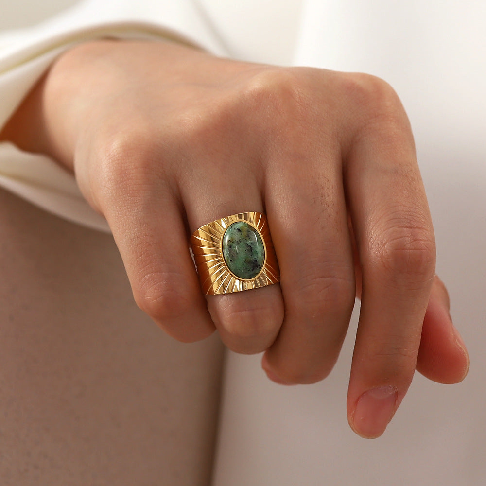 18K gold wide faceted gemstone open ring, adjustable vintage-inspired band with gemstone inlay, titanium steel with PVD gold plating, MINIMAL