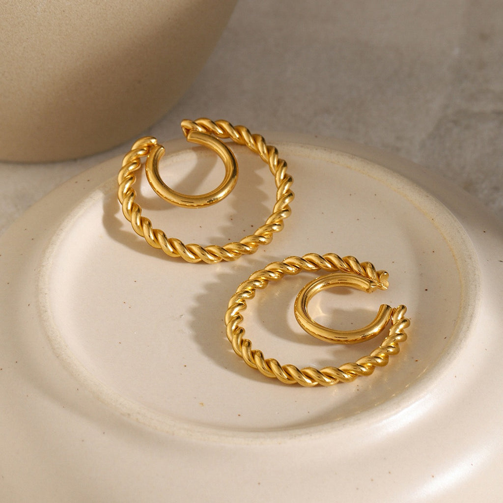 18K gold double-layer coil earrings with twisted pattern — front view, stainless steel gold plated, MINIMAL Jeweler