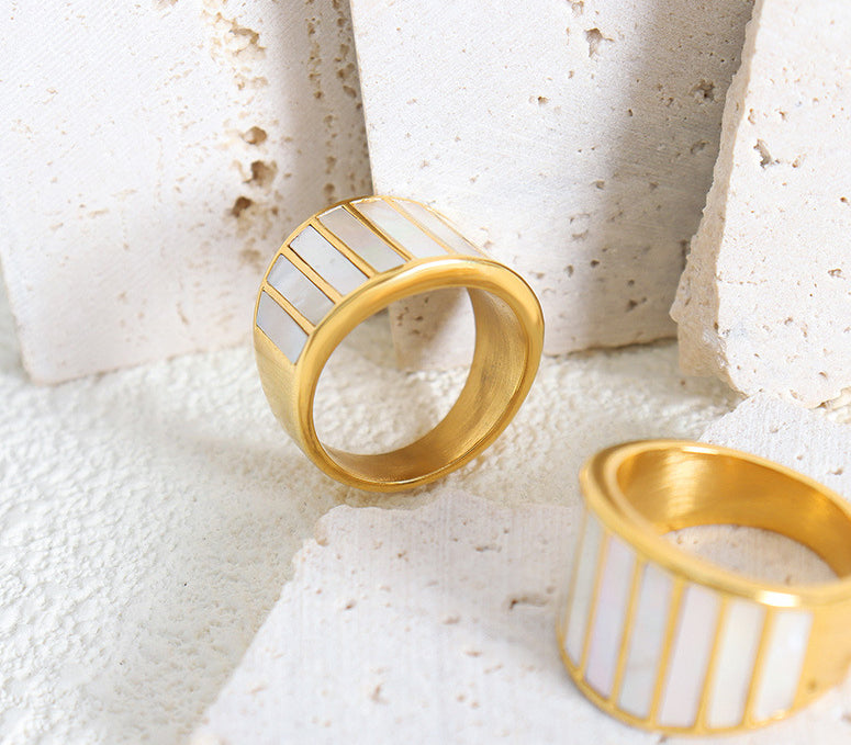 18K gold line texture gemstone ring, creative linear band with gemstone inlay, titanium steel with PVD gold plating, MINIMAL