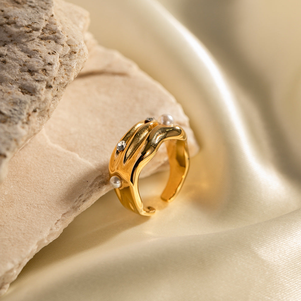 18K gold C-shaped pearl open ring, adjustable arc silhouette with center pearl inlay, titanium steel with PVD gold plating, MINIMAL