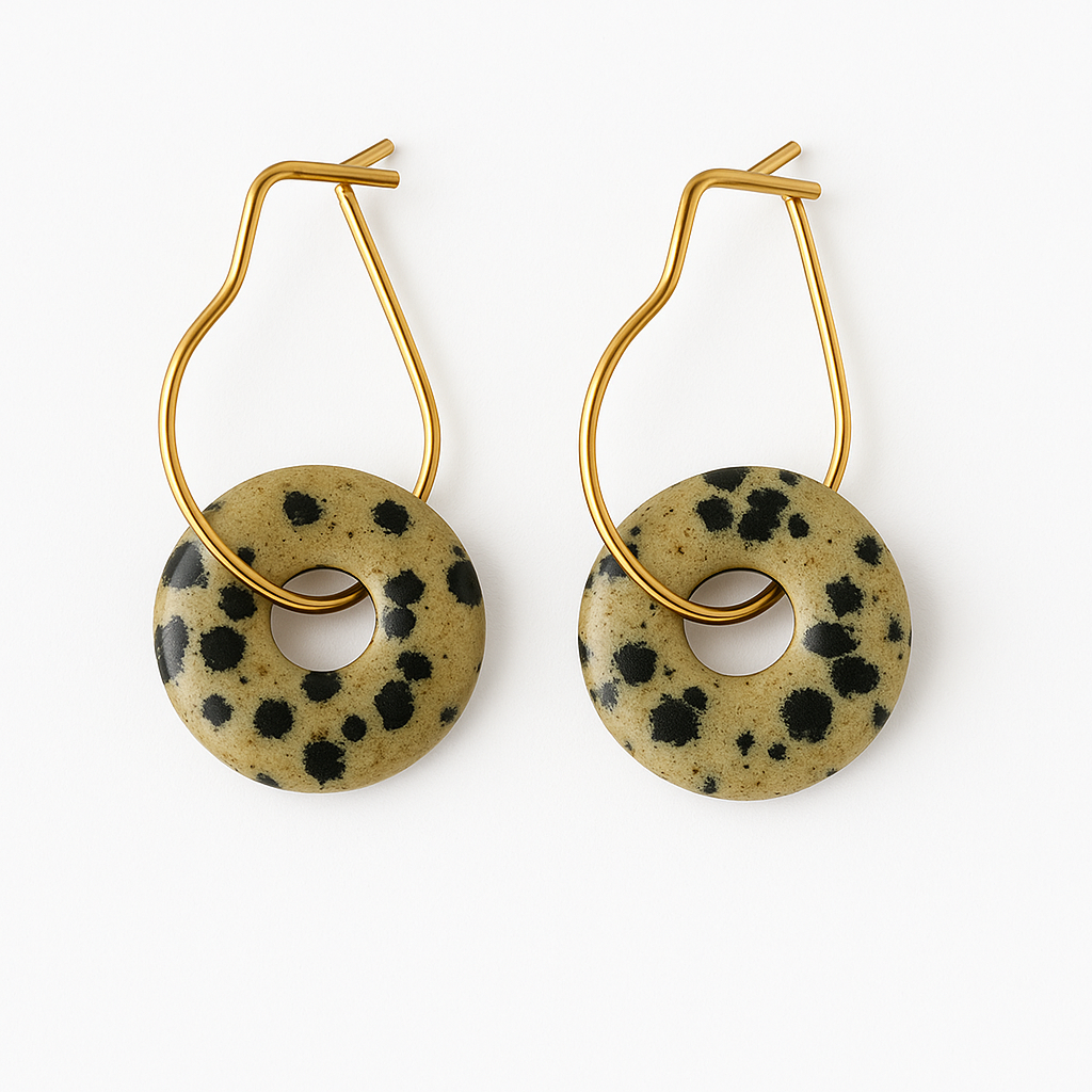 Dalmatian Jasper, Earrings with Semi-Precious Stone, 18K Gold Plating