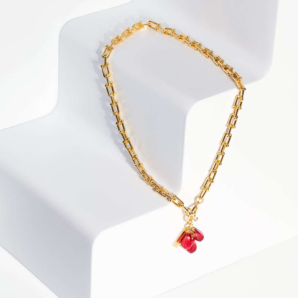 Pomegranate Seeds Necklace in Gold and Red.
