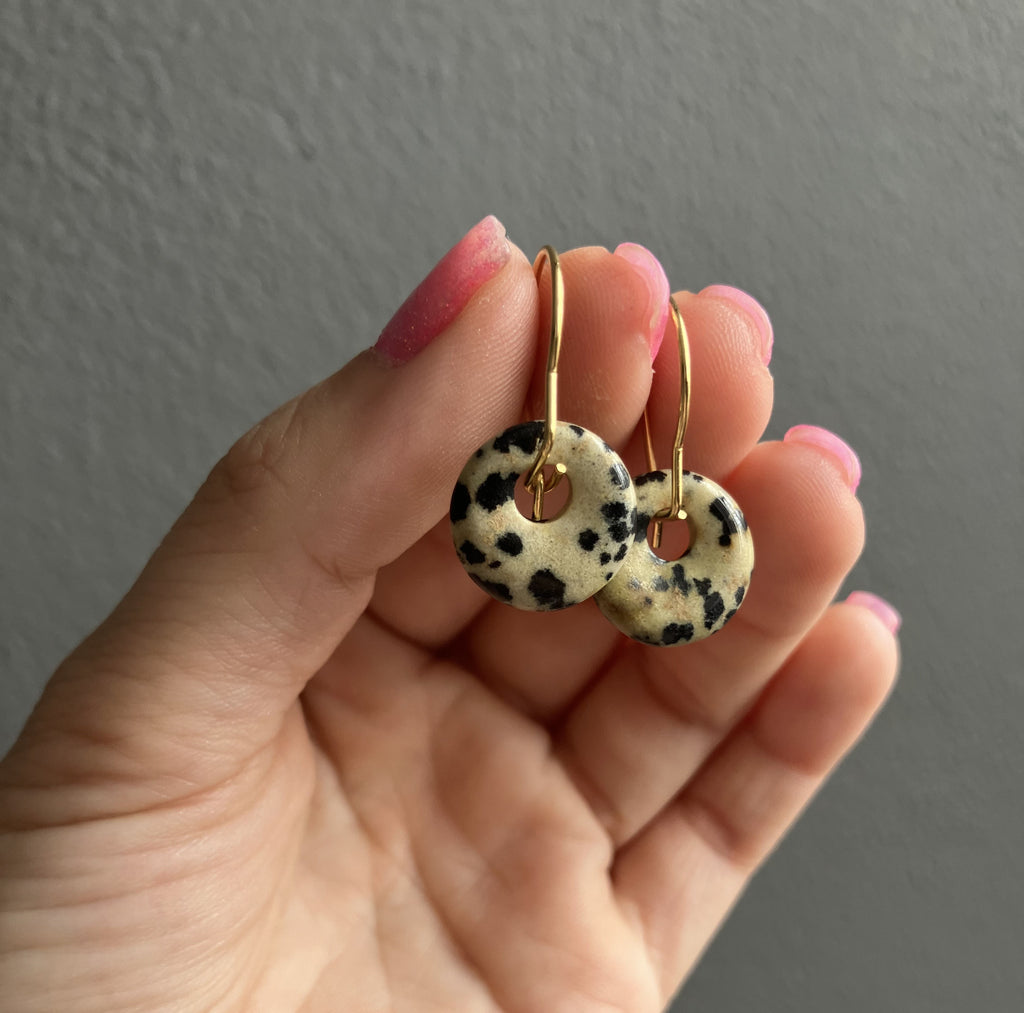 Dalmatian Jasper, Earrings with Semi-Precious Stone, 18K Gold Plating