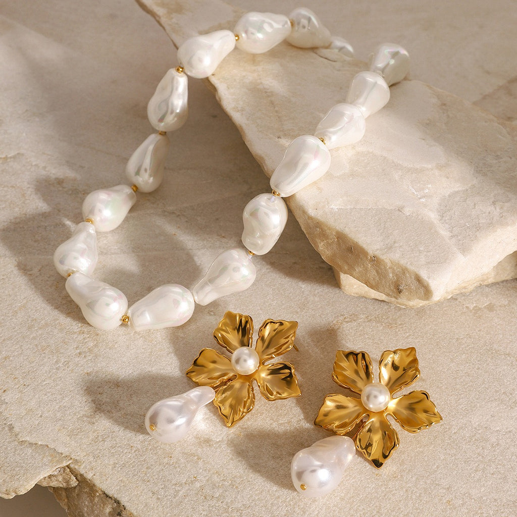 18K gold freshwater pearl necklace — handmade pearl strand with gold finish, floral design, MINIMAL Jeweler