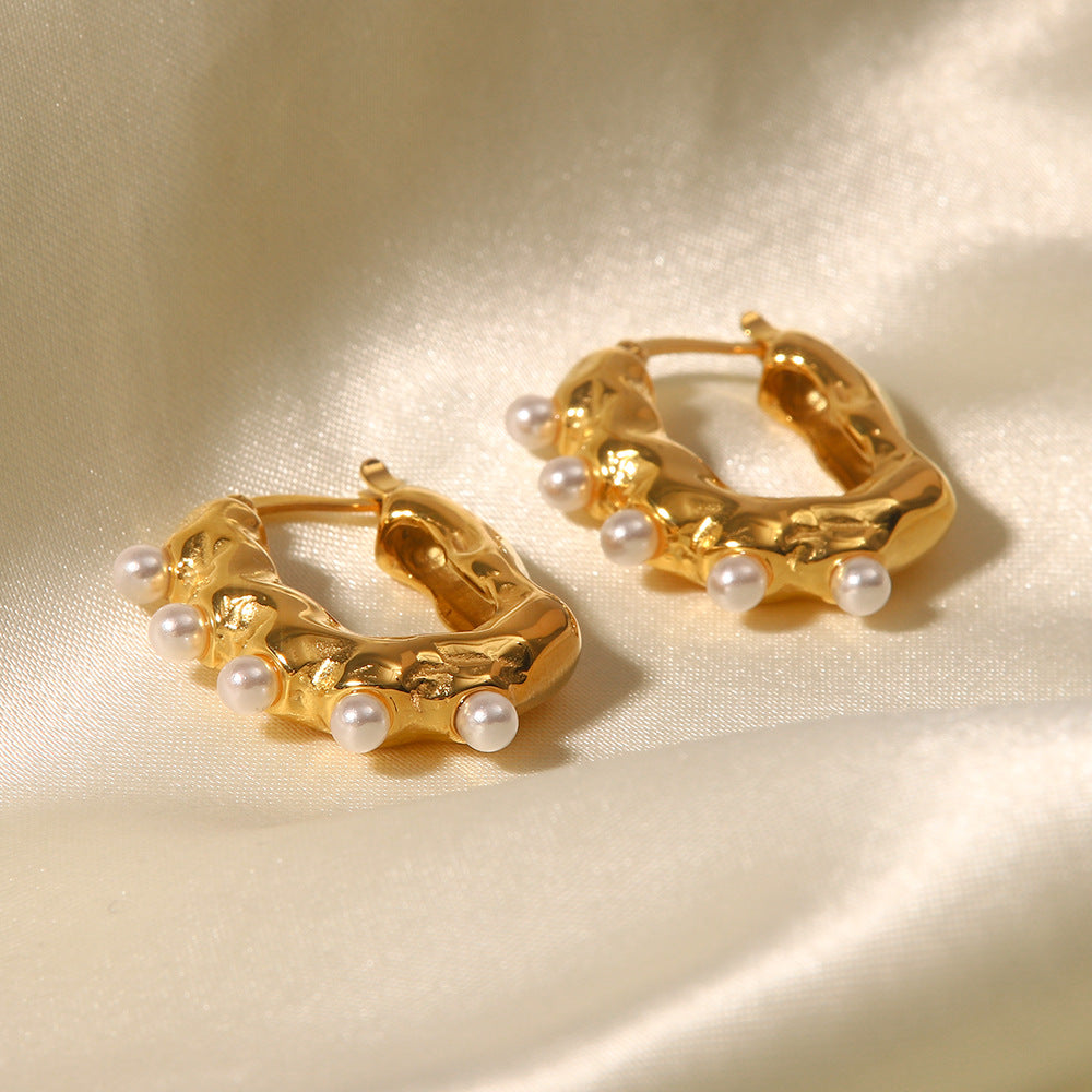  18K gold wave texture pearl earrings flat lay, irregular geometric form — MINIMAL