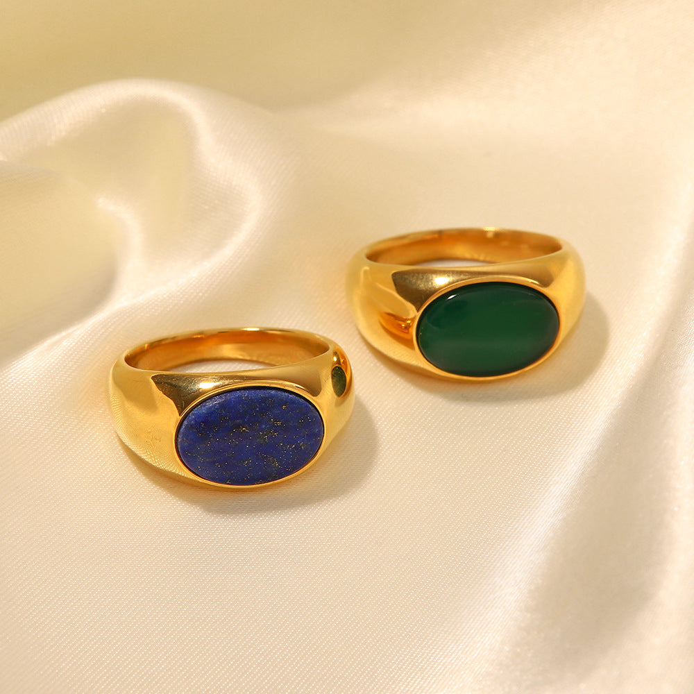 18K gold oval chrysoprase ring – Green and Blue stone, natural chrysoprase inlay, titanium steel with PVD gold plating, MINIMAL