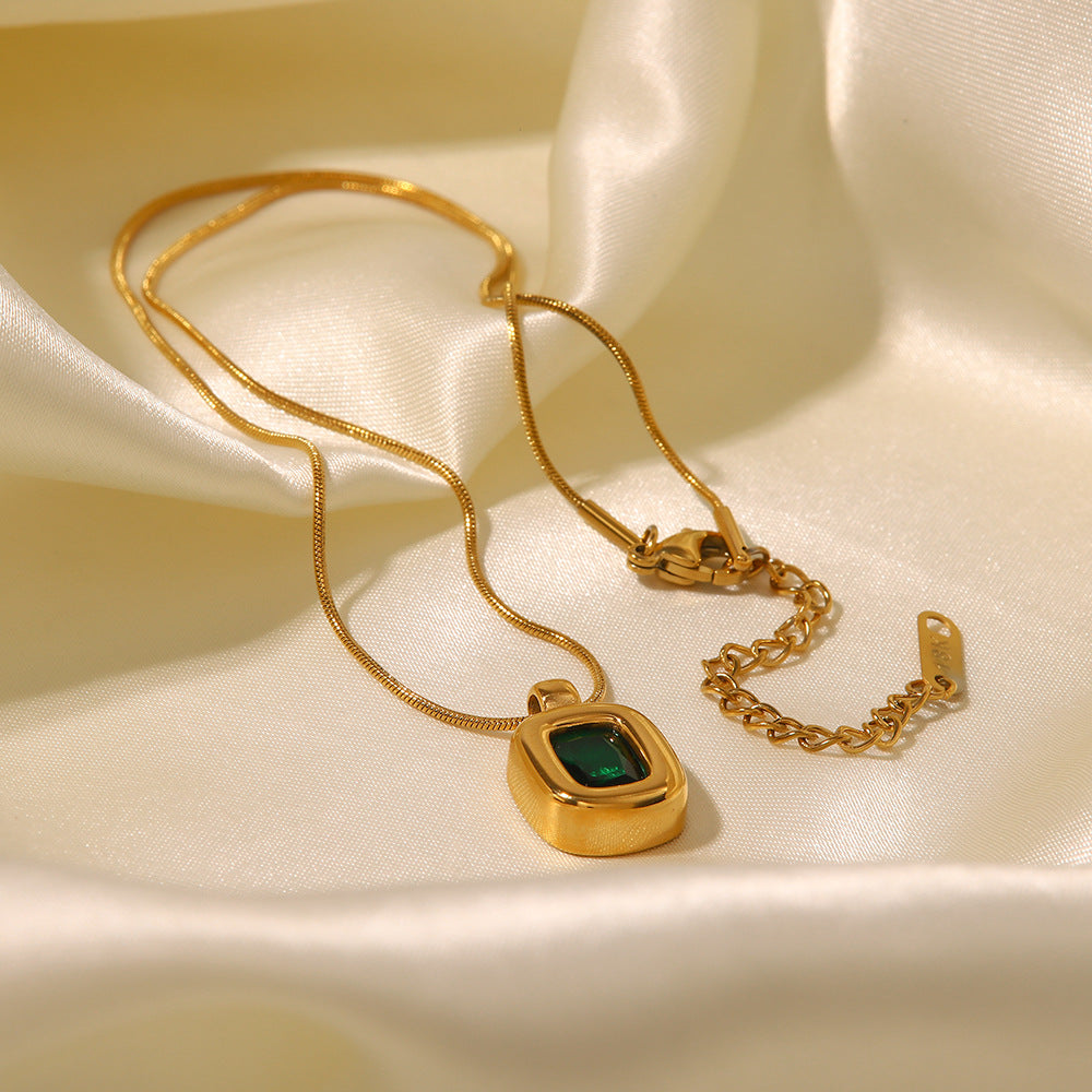 18K gold green zircon pendant necklace, elliptical green zircon on delicate bead chain, titanium steel with PVD gold plating, MINIMAL