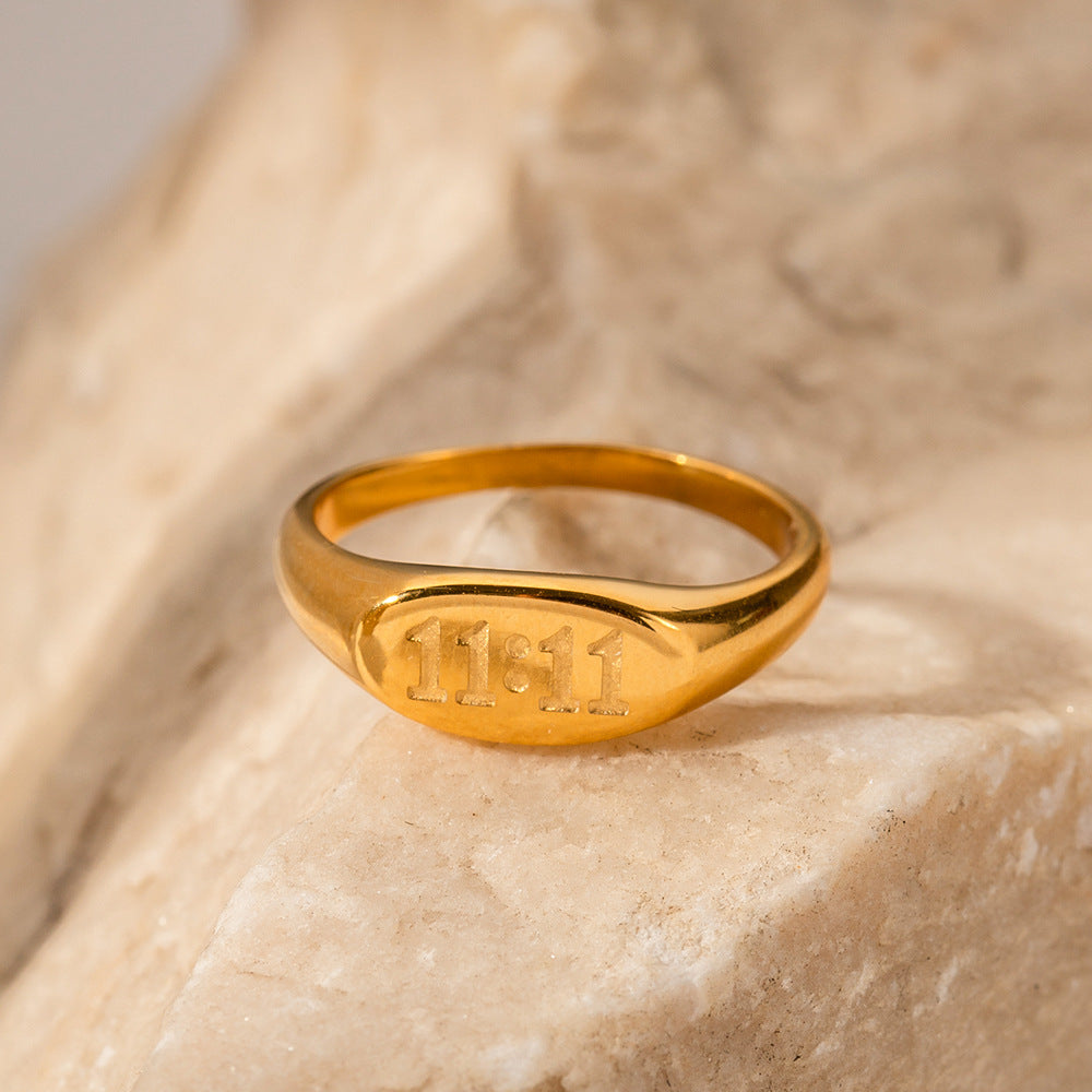 18K gold 11:11 engraved ring, clean band with 11:11 number engraving, titanium steel with PVD gold plating, MINIMAL
