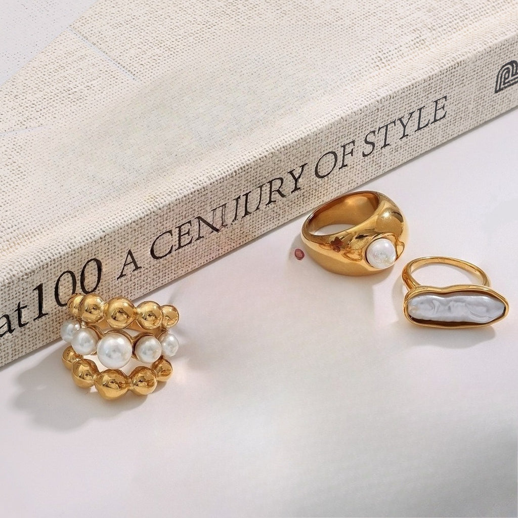 18K gold pearl titanium steel ring — Style A B C — light luxury fine jewelry — MINIMAL
