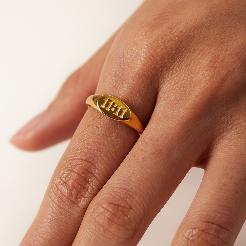 18K gold 11:11 engraved ring, clean band with 11:11 number engraving, titanium steel with PVD gold plating, MINIMAL