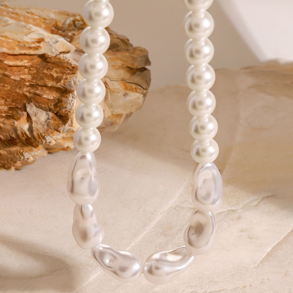 18K gold pearl beaded necklace, uniform pearl beads with irregular pearl accents on gold chain, titanium steel with PVD gold plating, MINIMAL