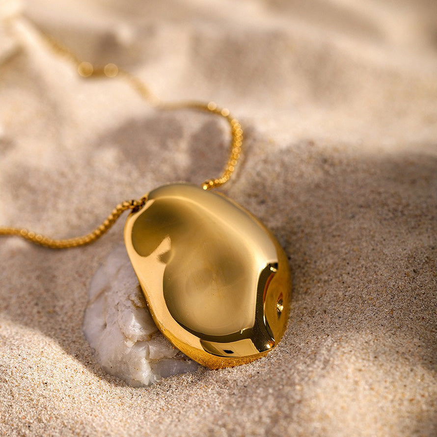 18K gold irregular hammered concave pendant necklace, irregular concave form with hammer pattern texture surface, titanium steel with PVD gold plating, MINIMAL