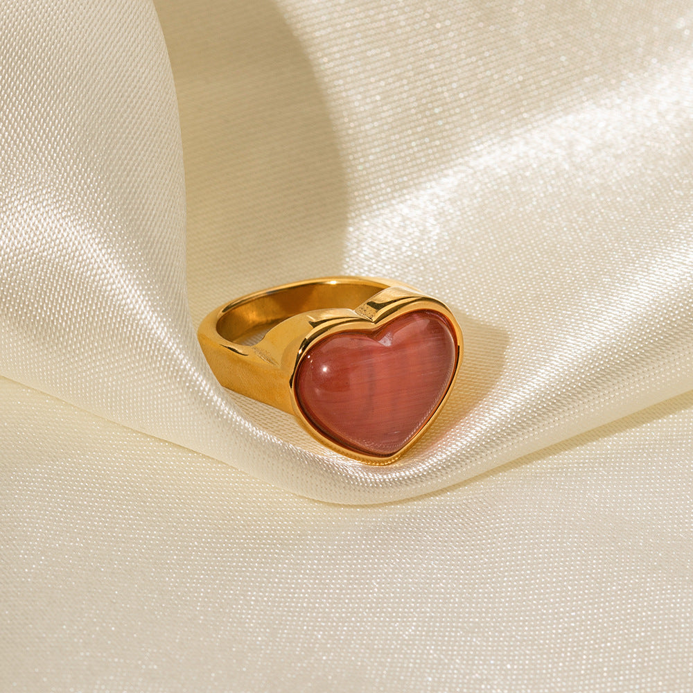 18K gold heart cat's eye ring, heart-shaped setting with cat's eye stone inlay, titanium steel with PVD gold plating, MINIMAL