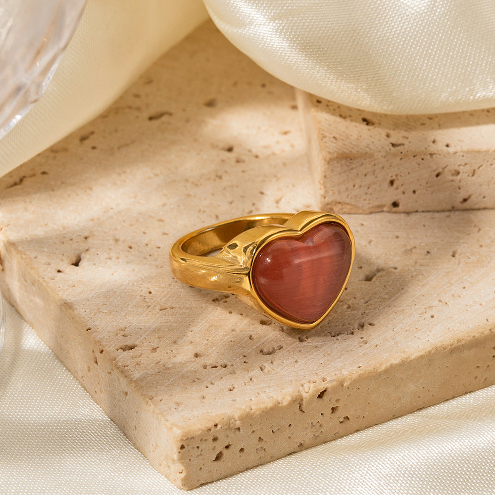 18K gold heart cat's eye ring, heart-shaped setting with cat's eye stone inlay, titanium steel with PVD gold plating, MINIMAL