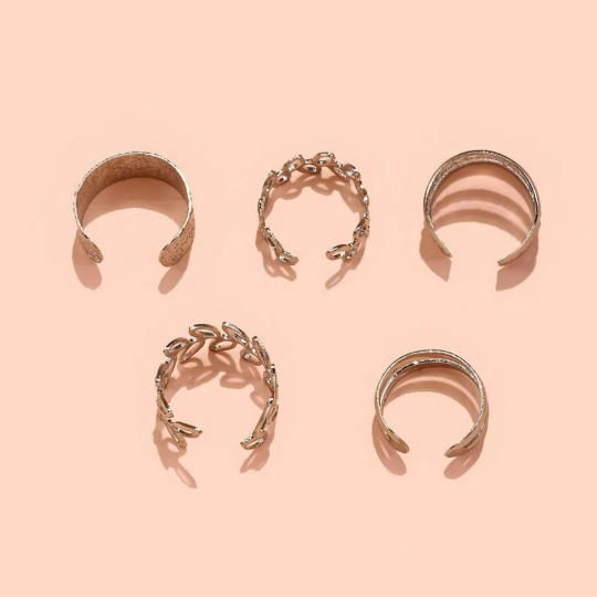 5 Piece Gold Silver Slim Leaf Band Adjustable Wire Wrap Non Piercing.