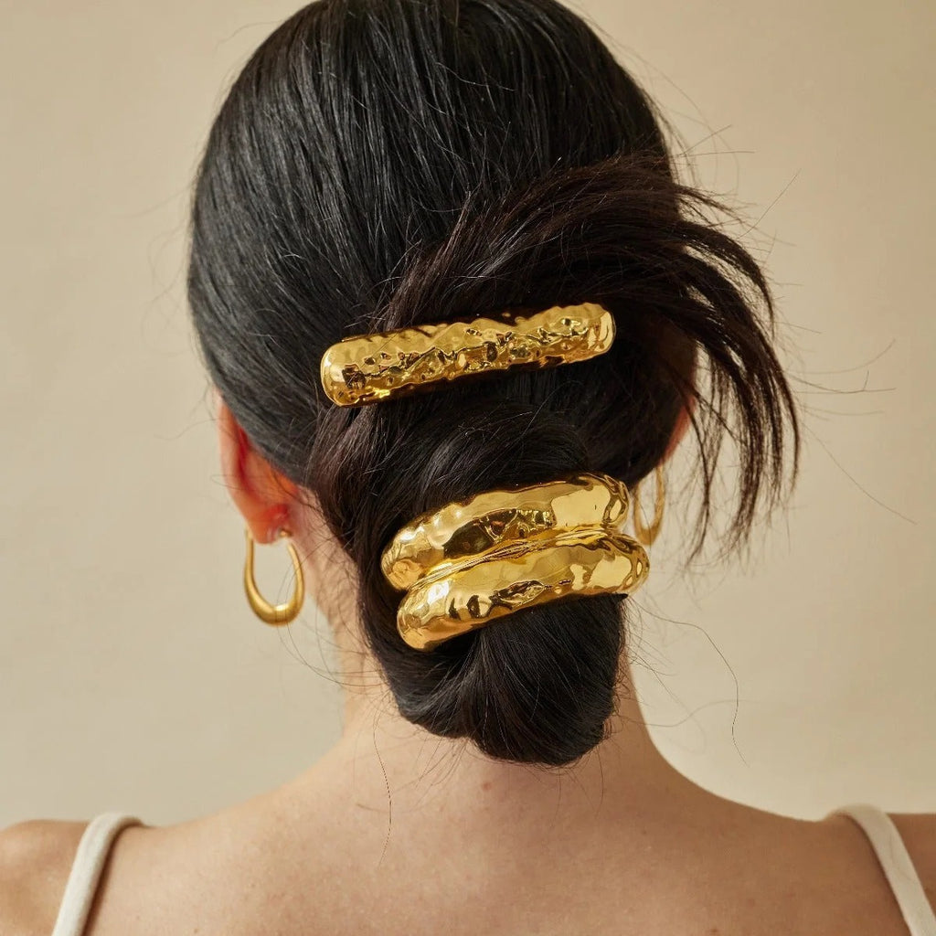 18K gold double-layer textured hair clip-Gold finish, titanium steel with PVD gold plating, MINIMAL
