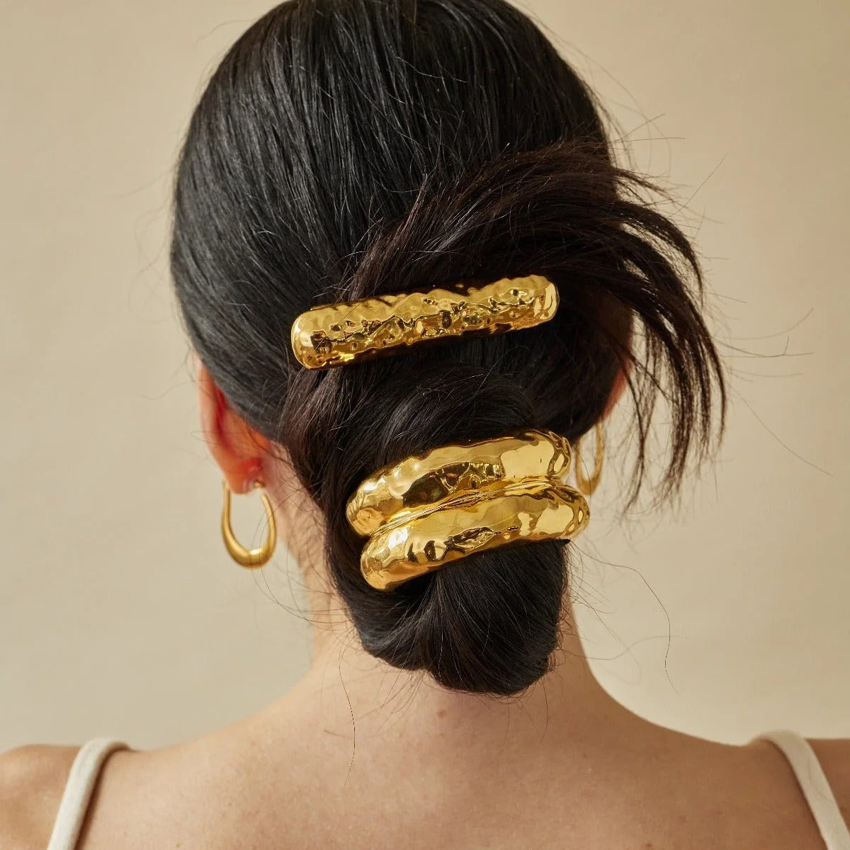 18K gold double-layer textured hair clip-Gold finish, titanium steel with PVD gold plating, MINIMAL
