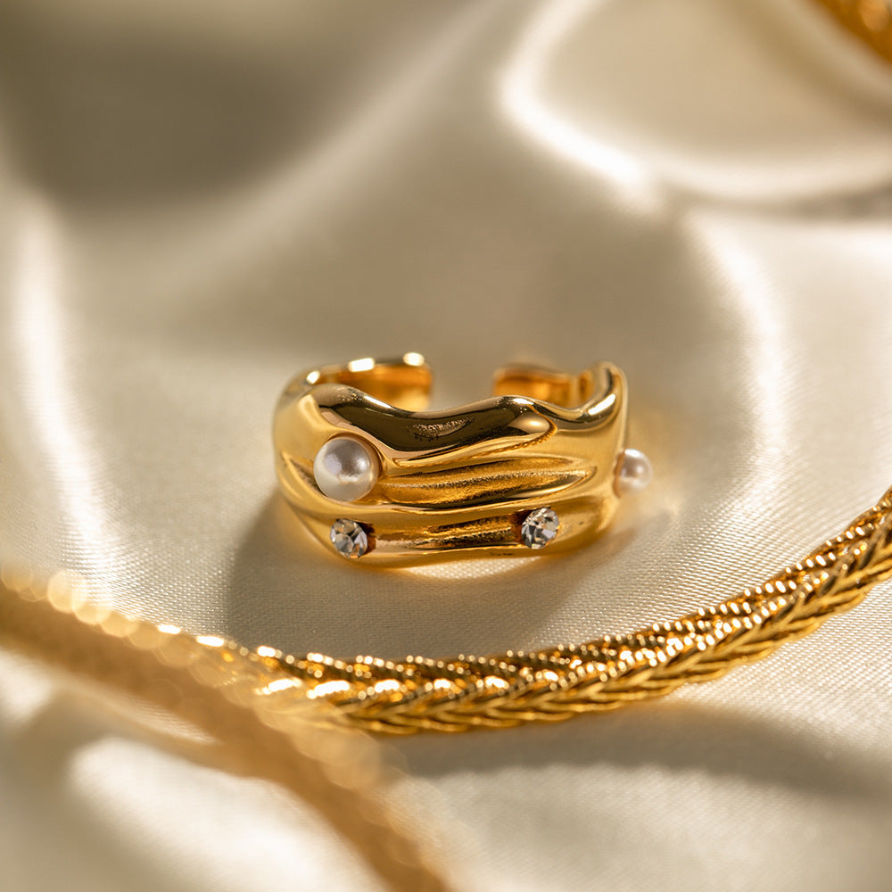 18K gold C-shaped pearl open ring, adjustable arc silhouette with center pearl inlay, titanium steel with PVD gold plating, MINIMAL