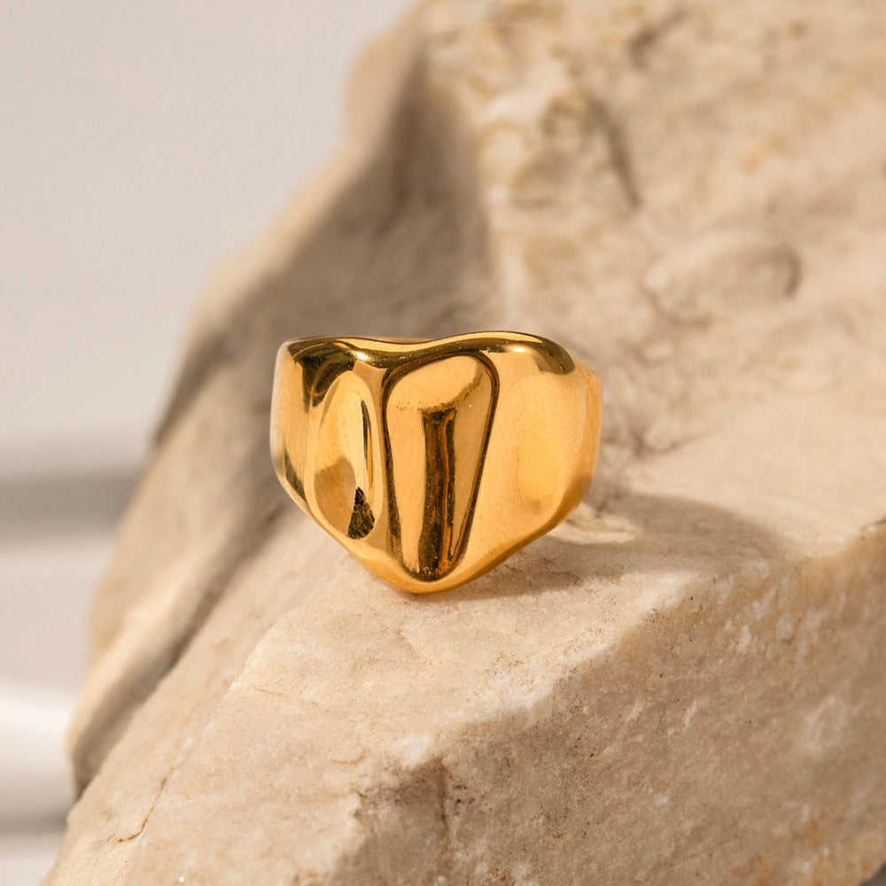 18K gold wide hammered band ring, wide band with hammer pattern texture surface, titanium steel with PVD gold plating, MINIMAL