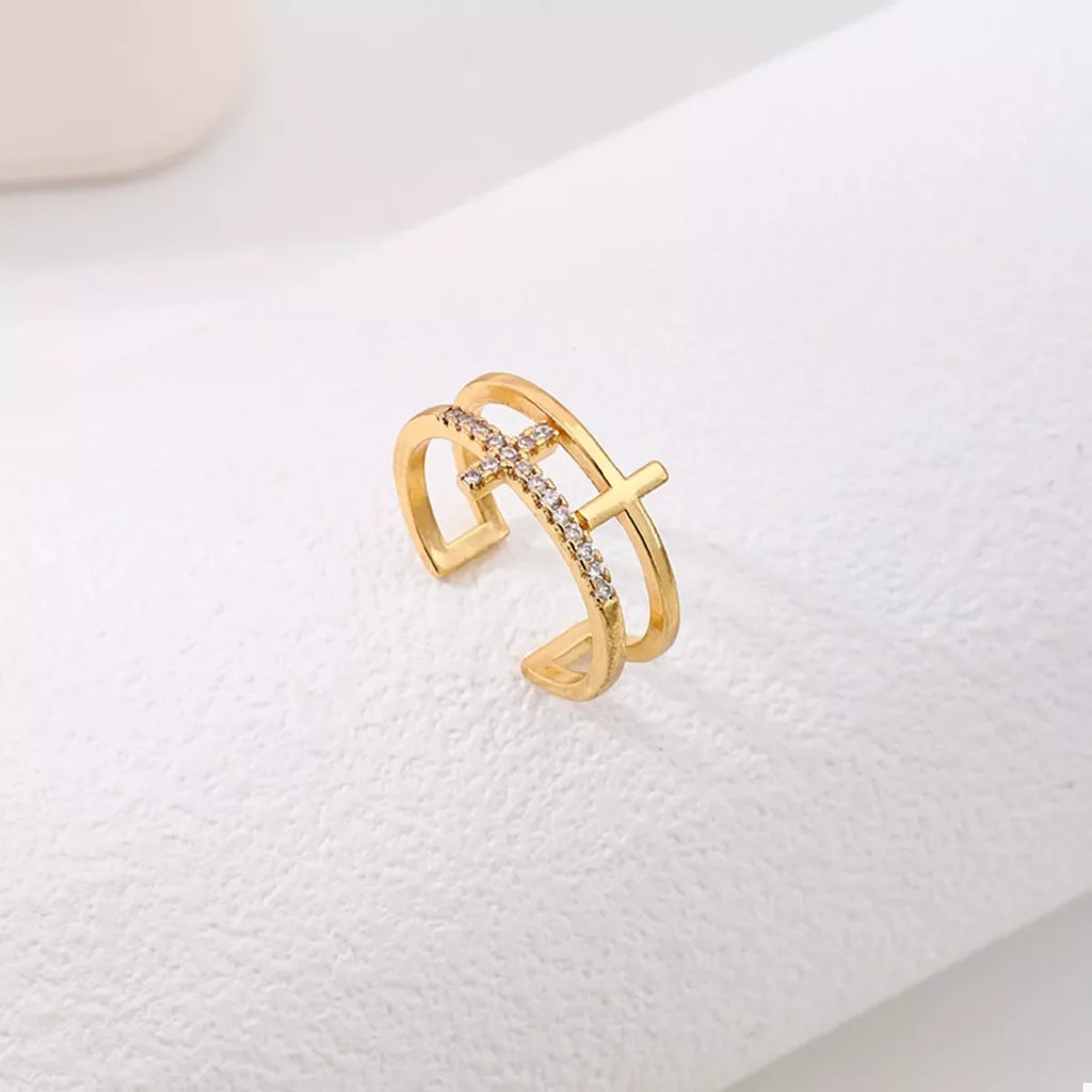 18K Gold-Plated Rhinestone Cross Open Ring - Premium Minimalist Jewelry - MINIMAL