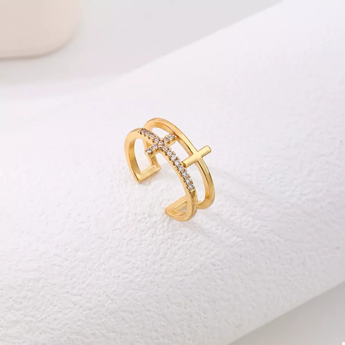 18K Gold-Plated Rhinestone Cross Open Ring - Premium Minimalist Jewelry - MINIMAL
