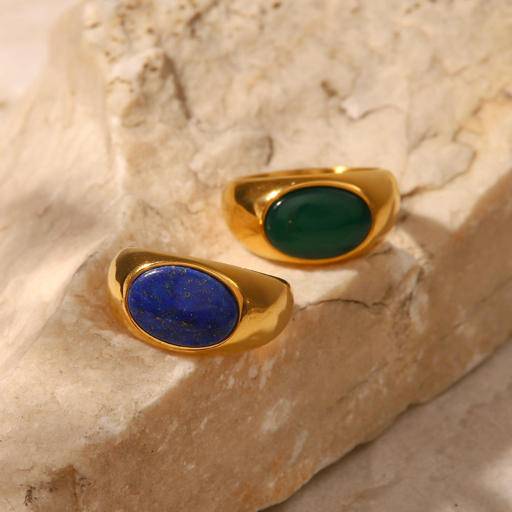 18K gold oval chrysoprase ring – Green and Blue stone, natural chrysoprase inlay, titanium steel with PVD gold plating, MINIMAL